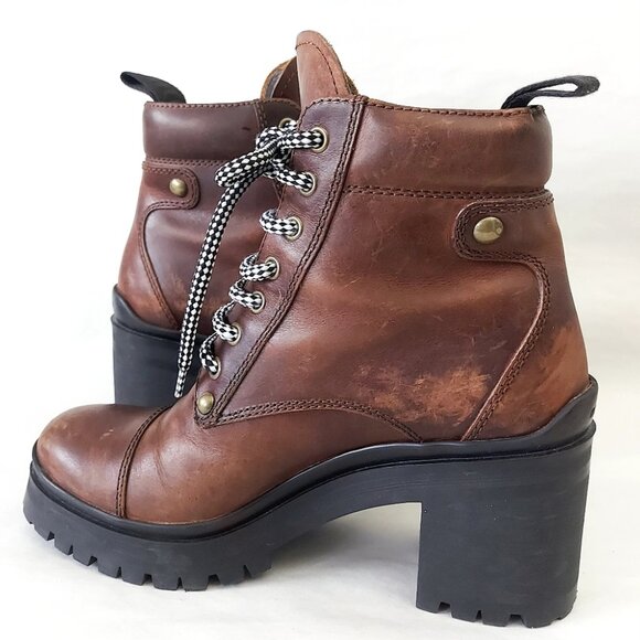 Miu Miu Lace-up Boots EU 37.5 Distressed Leather Block Chunky Heels Alpine Comba - Picture 8 of 15